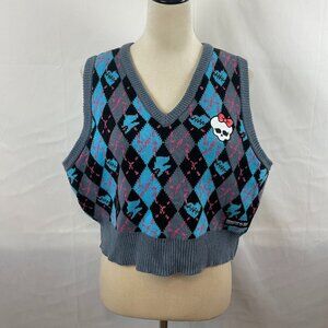 Monster High Goth Cropped Sweater Vest Argyle XL Gray Blue Black Pink